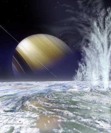 Scoperti 101 geyser sulla luna di Saturno Encelado, portano i superficie l'acqua dell'oceano nascosto sotto i ghiacci (fonte: NASA, Michael Carroll)