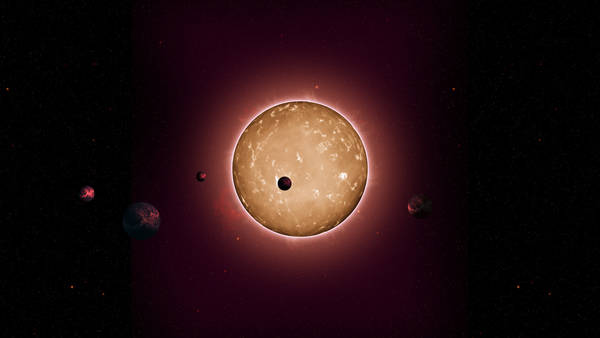 Rappresentazione artistica del sistema della stella Kepler-444 con i cinque pianeti simili alla Terra (fonte: Tiago Campante/Peter Devine)