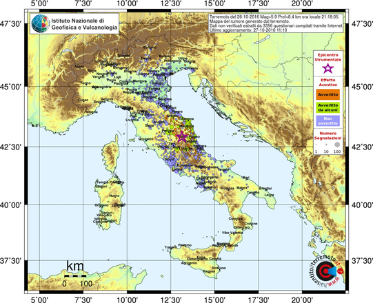 La mappa dell'effetto acustico o rombo sismico mostra la distribuzione di questo fenomeno sul territorio