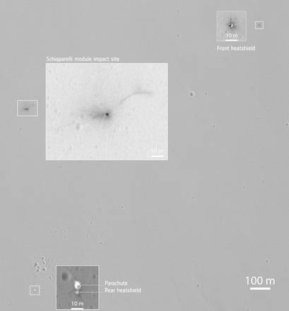 La prima immagine in alta definizione dei resti del lander Schiaparelli sul suolo marziano (fonte:  NASA/JPL-Caltech/University of Arizona Description)