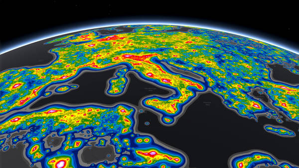 Particolare della mappa globale dell'inquinamento luminoso (fonte: Falchi et al. “The new world atlas of artificial night sky brightness” Sci. Adv. 2016;2:e1600377)