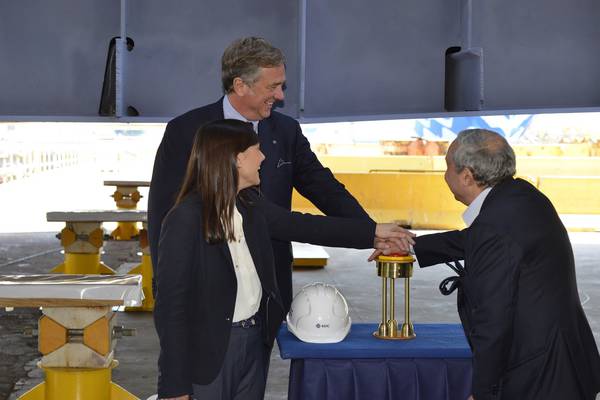 Msc: a Fincantieri Monfalcone 'coin ceremony' per Seaside. Nella foto Pier Francesco Vago, Debora Serracchiani e Giuseppe Bono