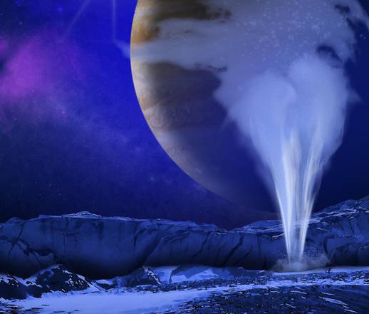Rappresentazione artistica di un geyser su Europa, la luna di Giove che sotto i ghiacci nasconde un oceano (fonte: NASA/ESA/K. Retherford/SWRI)