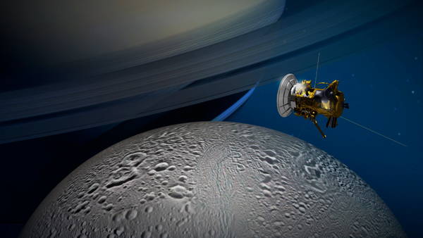 Rappresentazione artistica della sonda Cassini nell'orbita di Saturno, mentre osserva la luna Encelado (fonte: NASA/JPL-Caltech)