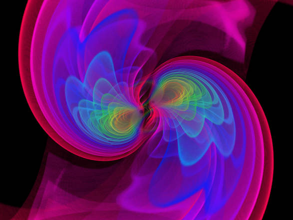 Simulazione delle onde gravitazionali generate dalla collisione di due buchi neri (fonte: S. Ossokine , A. Buonanno (MPI for Gravitational Physics)/W. Benger/Airborne Hydro Mapping GmbH)