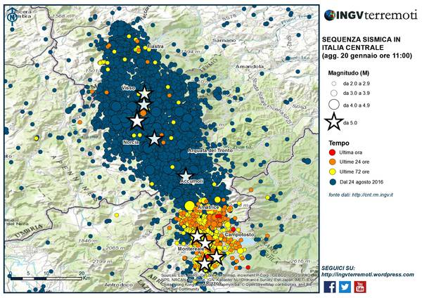 La mappa della sequenza sismica in Italia Centrale dal 24 agosto 2016 al 20 gennaio 2017 (fonte: INGV)