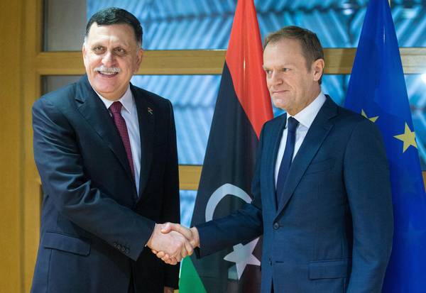 Libyan Premier Fayez al Serraj and European Council President Donald Tusk meet in Brussels