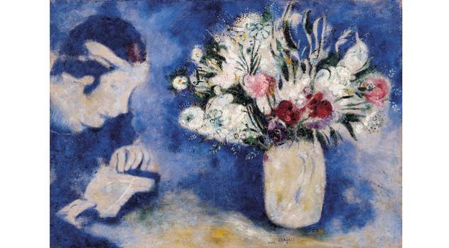 Marc Chagall - Bella con un libro e un vaso di fiori o Bella a Mourillon 1926, olio su tela Collezione Privata © Chagall ®, by SIAE 2014