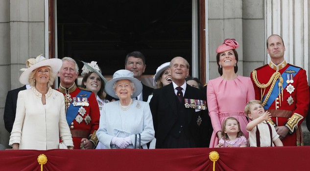 Britain's Royal family: Camilla, the Duchess of Cornwall, Prince Charles, Princess Eugenie, Queen Elizabeth II. Timothy Laurence, Princess Beatrice, Prince Philip, Kate, the Duchess of Cambridge, Princess Charlotte, Prince George and Prince William.