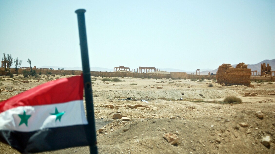 La bandiera siriana e sullo sfondo Palmira