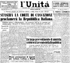 Quei giorni in edicola - La prima pagina del quotidiano L'Unita' dell'8 giugno 1946 © ANSA