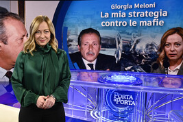 Giorgia Meloni, durante lo speciale di Porta a Porta 'Mafie - Le vittime'