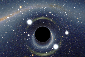 Rappresentazione grafica di un buco nero davanti alla Grande Nube di Magellano (ANSA)