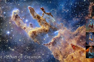 I Pilastri della creazione, elaborazione di Giuseppe Conzo dei dati dei telescopi Hubble e James Webb (fonte: G. Conzo, NASA, ESA Hubble Heritage Team (STScI/AURA) e CSA, STScI; J. DePasquale,  A. M. Koekemoer e A. Pagan, di STScI) (ANSA)