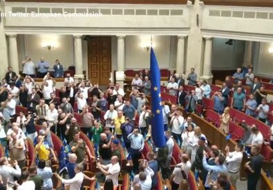 Ucraina, la bandiera europea portata nel parlamento di Kiev (ANSA)