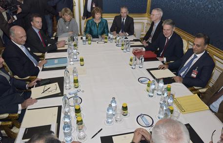 I ministri degli Esteri di Francia, Usa e Gran Bretagna, assieme all'Alto rappresentante Ue uscente a Vienna © EPA
