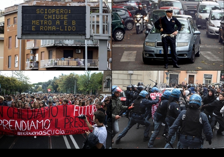 Una combo con il traffico di Roma in tilt e gli scontri a Bologna © ANSA
