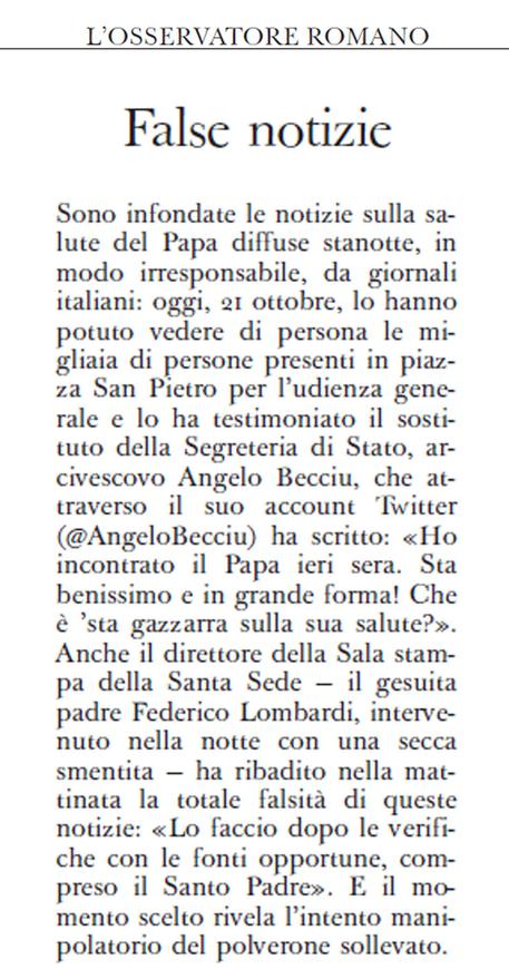 Papa: Oss.Romano, polverone con intento manipolatorio © ANSA