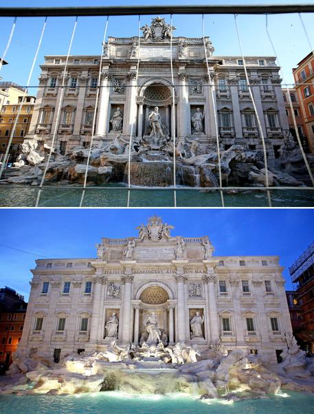 Lo combo mostra la Fontana di Trevi prima del restauro il 05 giugno 2014 (in alto) e dopo i lavori,  il 3 novembre 2015 © ANSA