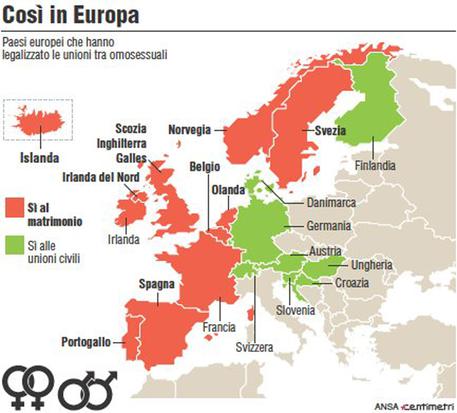 La mappa dei Paesi europei che hanno legalizzato matrimoni e unioni civili tra omosessuali © ANSA