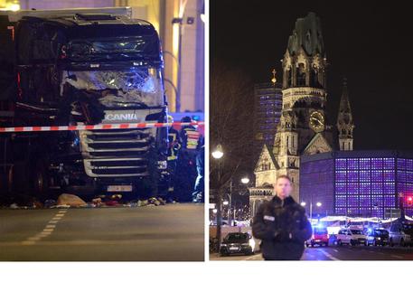 L'immagine del camion che si è schiantato sul mercatino di Natale a Berlino e quella della Chiesa del Ricordo © ANSA