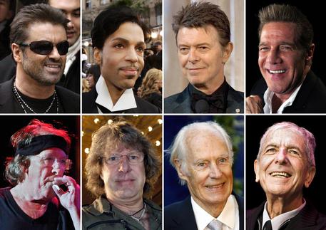 Da sinistra, in alto: George Michael, Prince, David  Bowie, Glenn Frey. Da sinistra, in basso: Paul Kantner, Keith Emerson, George Martin, Leonard Cohen. © ANSA