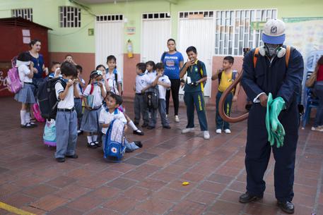 Un operatore sanitario si prepara a spruzzare insetticida alla fine della giornata scolastica a Cucuta, al confine tra Colombia e Venezuela © AP