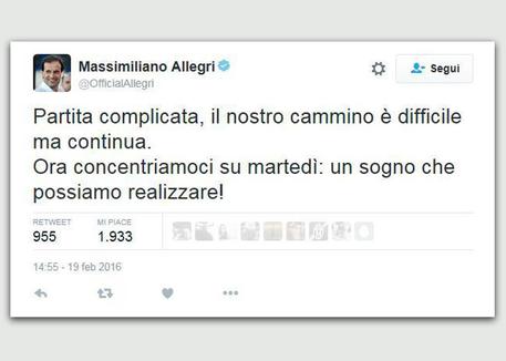 Allegri oggi su Twitter dopo Bologna-Juventus © ANSA