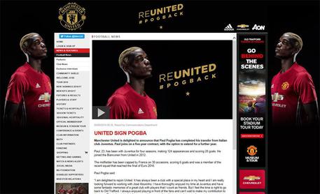 Il Manchester United ufficializza l'acquisto di Paul Pogba, in una nota pubblicata sul suo sito, 9 agosto 2016 © ANSA
