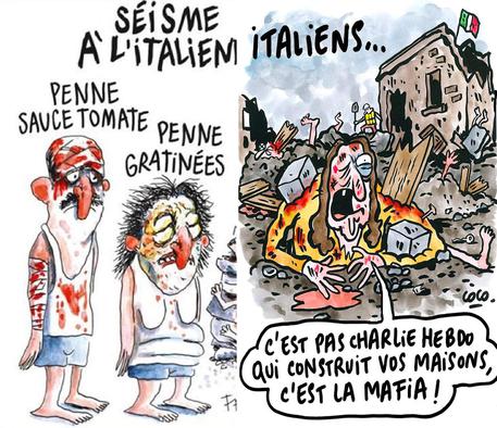 Nella combo le due vignette dedicate al terremoto in Italia pubblicate da Charlie Hebdo, Parigi, 2  Settembre 2016 © ANSA