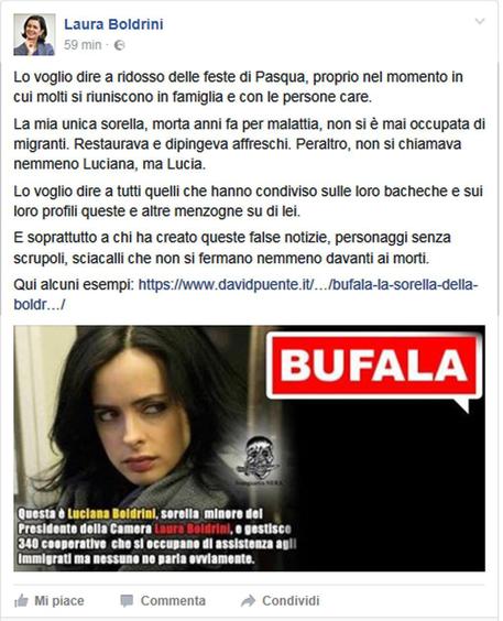 Fake news su sua sorella, Boldrini contro 'sciacalli' web © ANSA