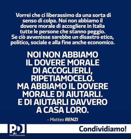 Matteo Renzi torna in un post su facebook sulla proposta del numero chiuso per i migranti © ANSA
