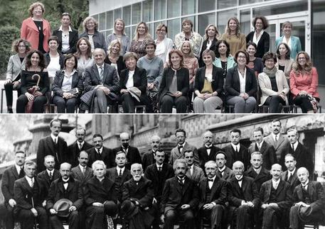 Nella combo, la foto del Congresso di Solvay nel 1927 e quella scatta a  margine congresso Societa' italiana di fisica © ANSA