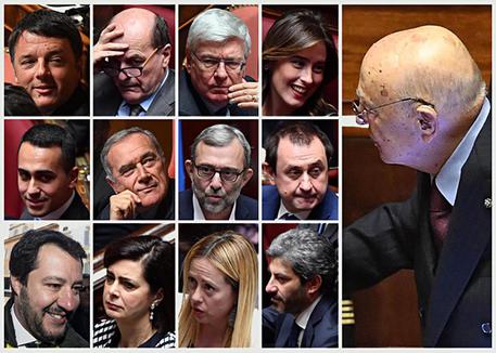 Una immagine elaborata di vari esponenti politici in Aula il primo giorno della nuova legislatura © ANSA
