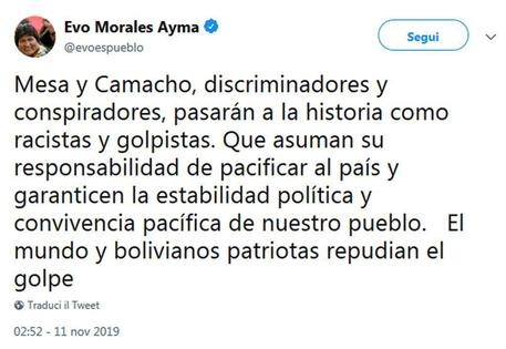 Morales su Twitter,'mondo ripudia il Golpe' © ANSA