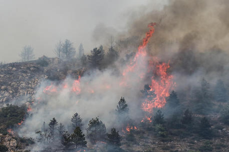 Nuovole di fumo e fiamme si alzano nell' area di Arischia e Cansatessa-Pettino a causa dell'incendio  che da giovedì interessa la zona © ANSA