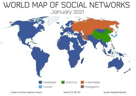 Mappa dei social media nel mondo (Credit: Vincos.it) © ANSA