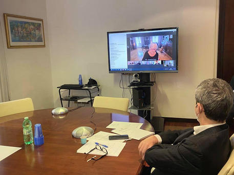 Orlando in videoconferenza con i segretari generali di Cgil, Cisl e Uil da Facebook © ANSA