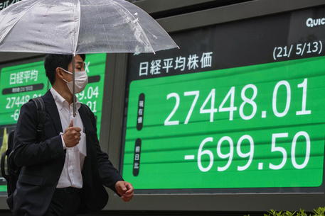Un passante a Tokyo davanti al monitor che mostra il calo dell'indice Nikkei © EPA