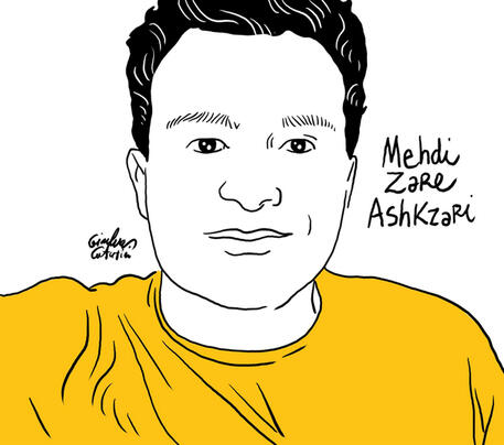 Il volto di Mehdi Zare Ashkzari disegnato dal fumettista Gianluca Costantini, autore dell'ormai celebre ritratto di Patrick Zaki, realizzato a sostegno della battaglia per la sua liberazione © ANSA