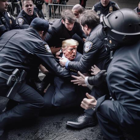 Le foto (fake) che ritraggono Donald Trump mentre scappa dagli agenti, in manette -per gentile concessione di Eliot Higgins © ANSA