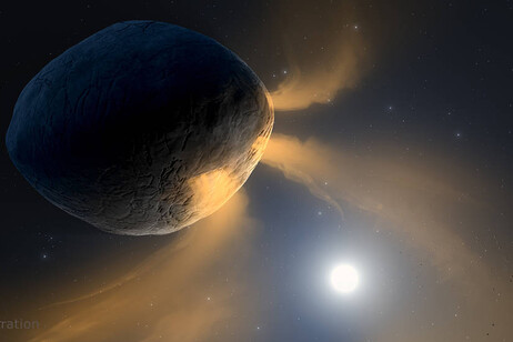 Rappresentazione artistica dell'asteroide Phaethon (Fetonte). Per effetto del calore solare, il sodio all'interno della roccia vaporizza e viene scagliato nello spazio. L'effetto è una coda simile a quella di una cometa (fonte: NASA/JPL-Caltech/IPAC)