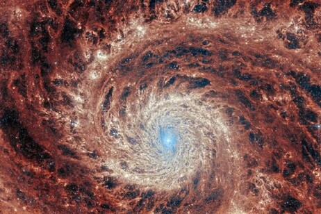 Sembra un vortice, la galassia M51 (NGC 5194) distante circa 27 milioni di anni luce, fotografata dal telescopio Webb (fonte: JWST)