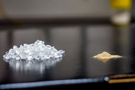 A sinistra il pellet di Tpu e a destra le spore batteriche usati per produrre la nuova bioplastica (fonte: David Baillot/UC San Diego Jacobs School of Engineering)