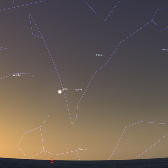 Rappresentazione grafica dell'allineamento dei pianeti alle 5,15 del 3 giugno 2024 (fonte: Mappa del cielo realizzata dalla Uai con i programmi Skymap Pro e Stellarium)