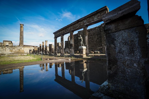 A view of the archaeological excavations of Pompeii after a rainfall