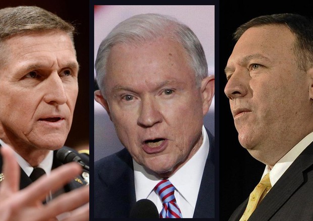 Da sinistra: Flynn, Sessions e Pompeo (foto: ANSA)