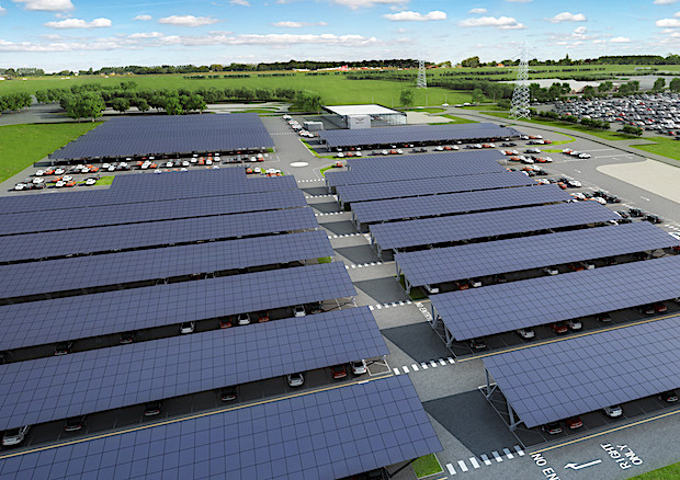 Il progetto annunciato da Bentley prevede l'installazione di 10mila pannelli fotovoltaici nell'area parcheggi © Bentley