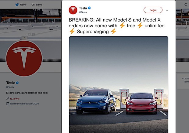 Tesla con un 'tweet' rilancia il pieno gratis di elettricità © Tesla