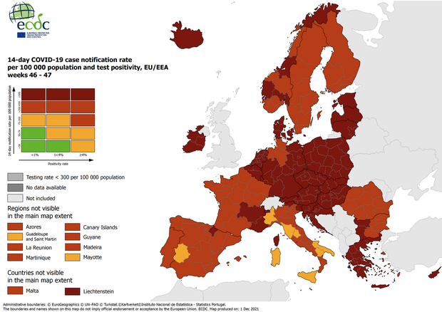 Tutta l'Ue è rossa nelle mappe Ecdc del Covid, zone gialle soltanto in Italia e Spagna (foto: Ansa)
